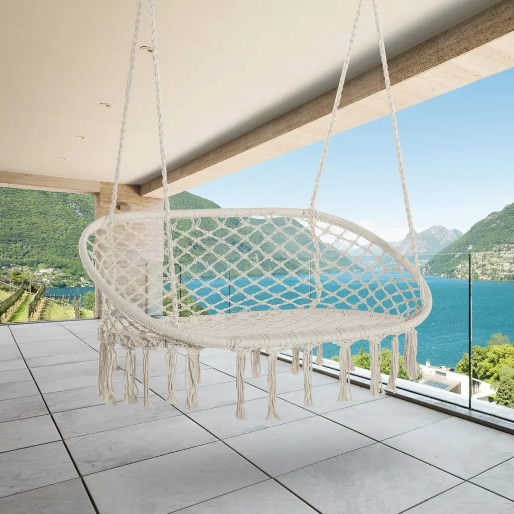 Hängesessel Hängestuhl 2-Sitzer Boho-Stil Makramee-Netzmuster mit Aufhängen Deckenhaken für Veranda unter Bäumen Garten