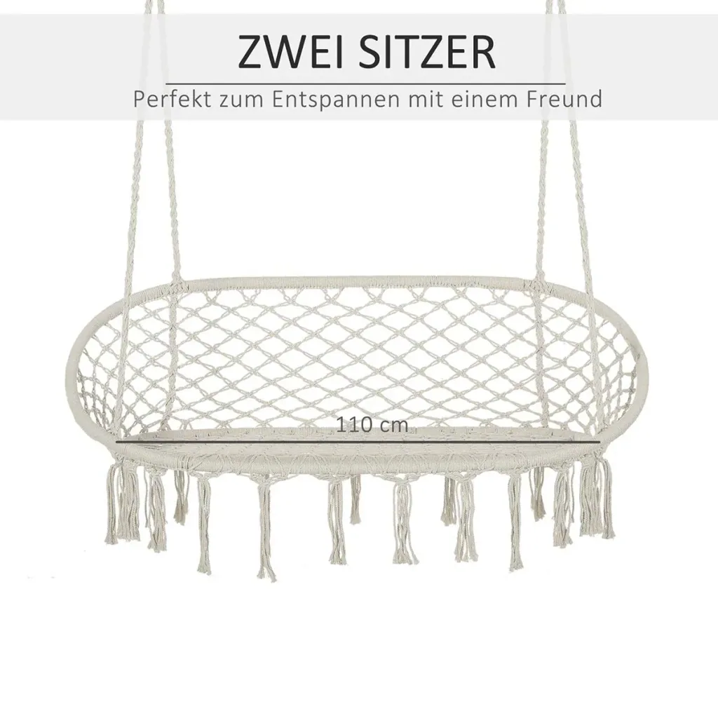Hängesessel Hängestuhl 2-Sitzer Boho-Stil Makramee-Netzmuster mit Aufhängen Deckenhaken für Veranda unter Bäumen Garten