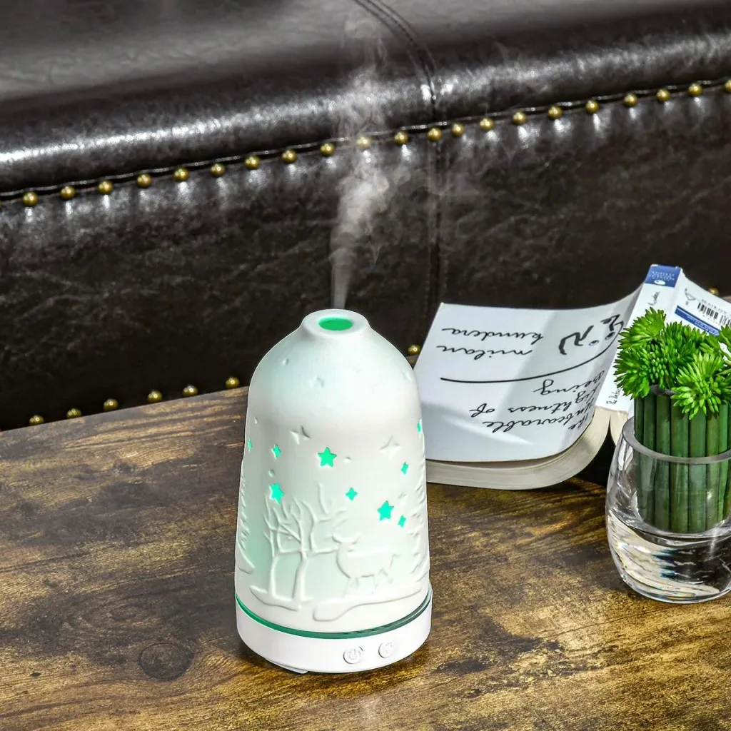 Aroma Diffuser Luftbefeuchter für ätherische Öle 7 Farben LED 2 Sprühnebel-Modi automatische Abschaltung Keramischer Dec