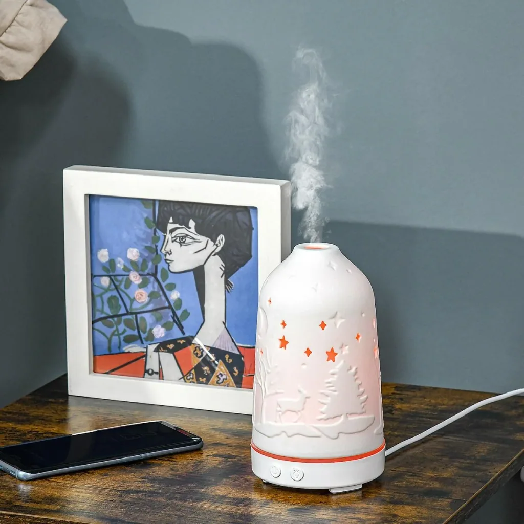 Aroma Diffuser Luftbefeuchter für ätherische Öle 7 Farben LED 2 Sprühnebel-Modi automatische Abschaltung Keramischer Dec