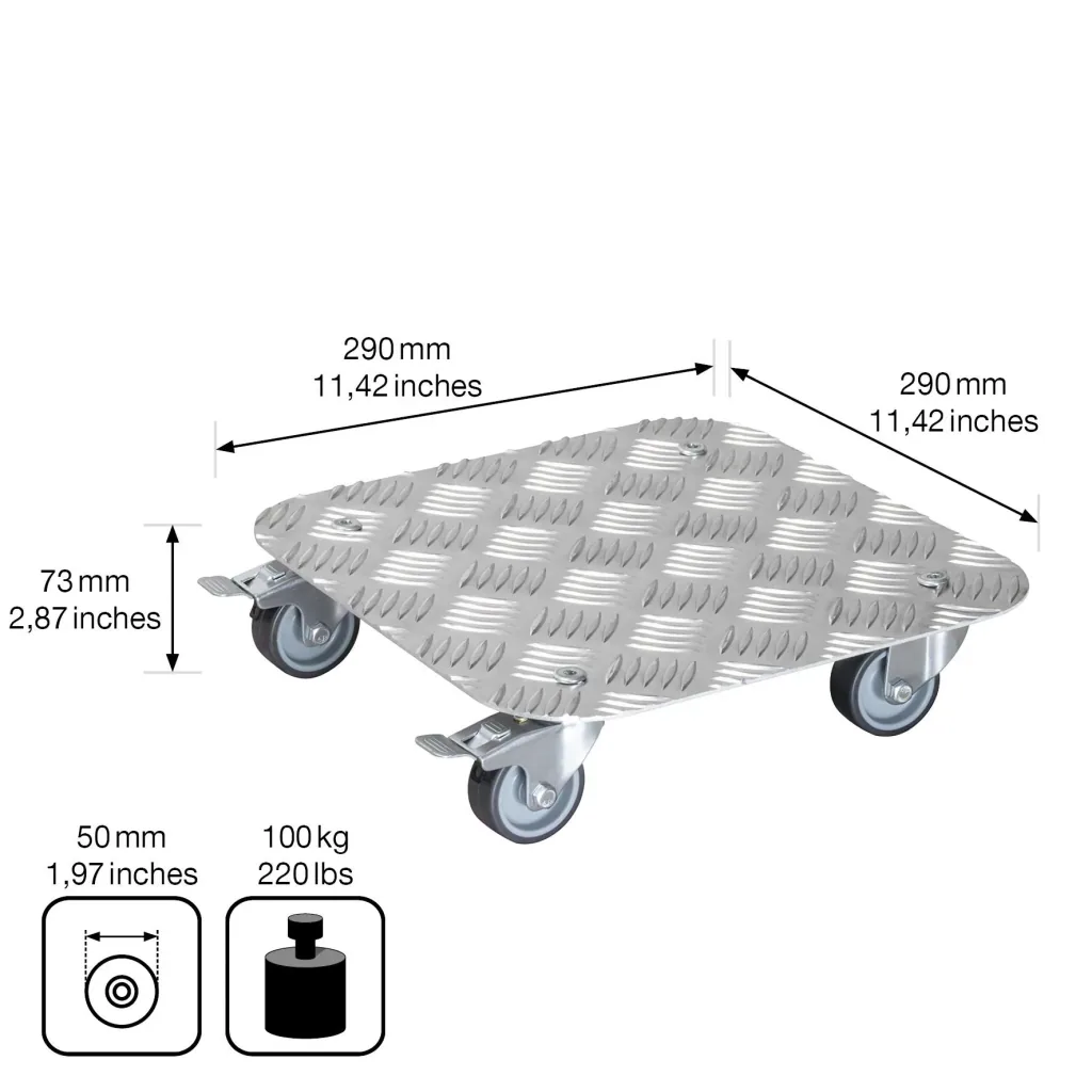 Multi Roller MR 7003, 29 x 29 x 7,5 cm, softe Rollen Ø 50 mm, Gleitlager, 2 Bremsen, Alu Riffelblech, Tragkraft 150 kg