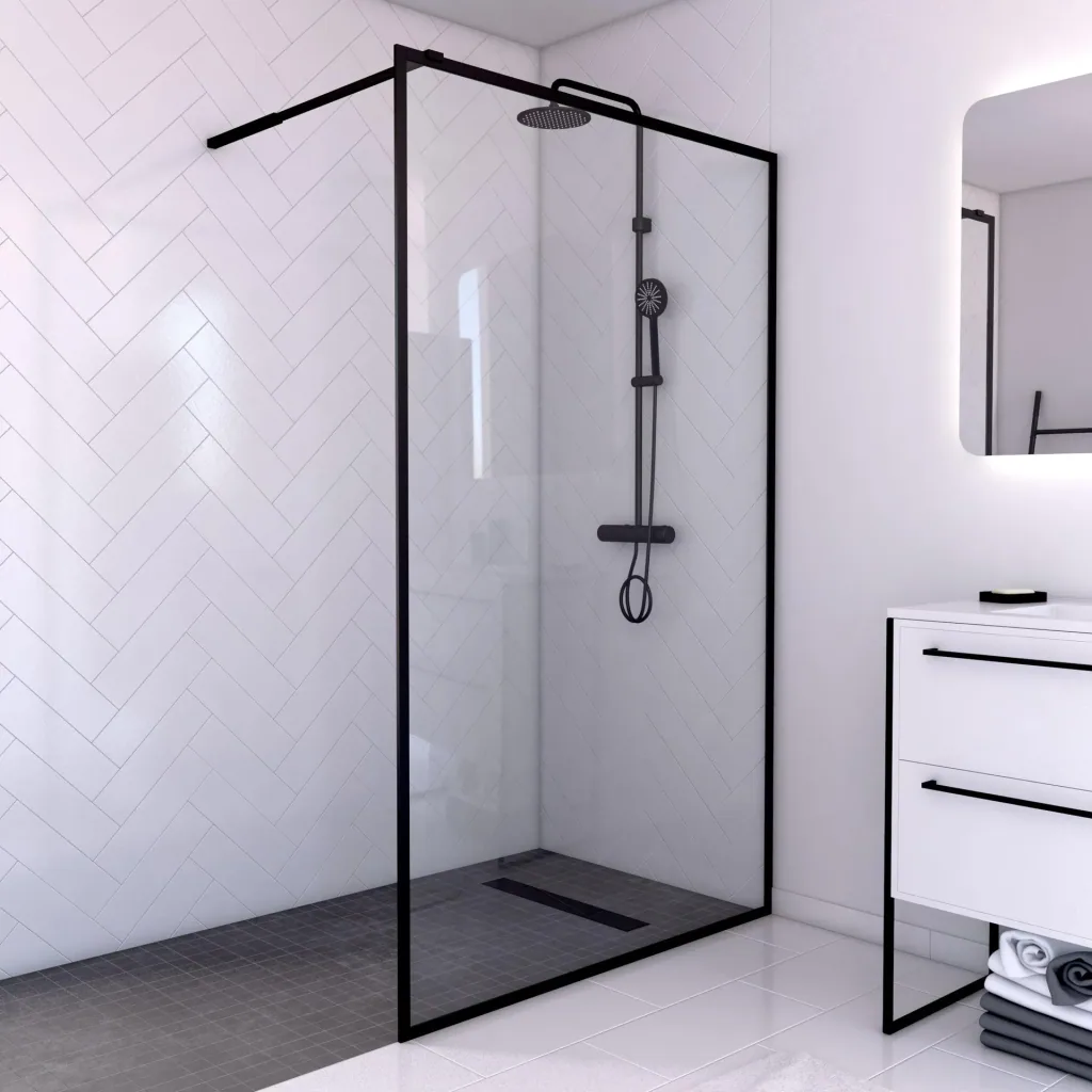 Walk-IN Glas-Duschwand 90 x 200 cm, Duschabtrennung mit barrierefreiem Einstieg inklusive Halterungsstange, matt schwarz