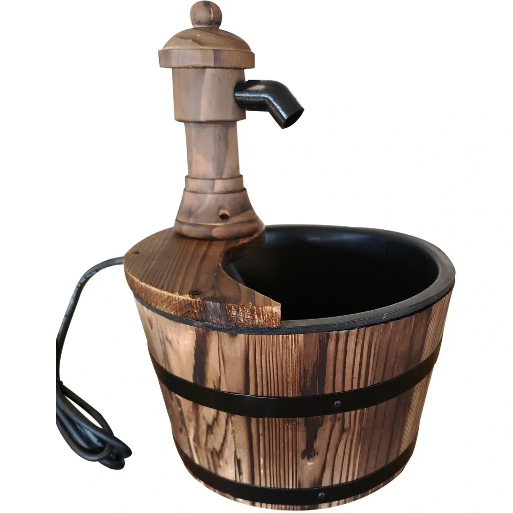Gartenbrunnen Springbrunnen Zierbrunnen Fassbrunnen Wasserfall Holzfass Tannenholz + Metall Naturholz ?27 x 37 cm