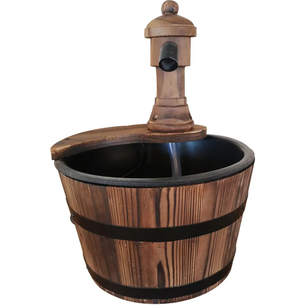 Gartenbrunnen Springbrunnen Zierbrunnen Fassbrunnen Wasserfall Holzfass Tannenholz + Metall Naturholz ?27 x 37 cm