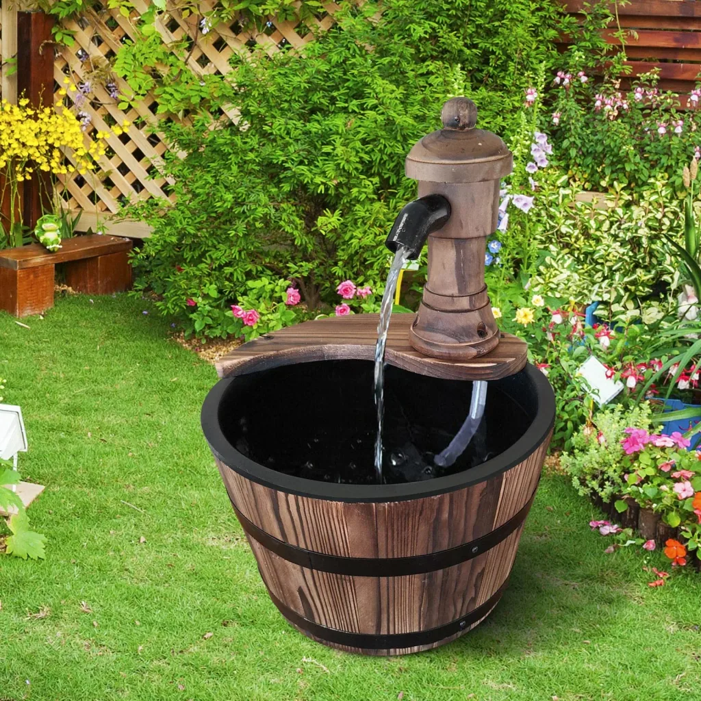 Gartenbrunnen Springbrunnen Zierbrunnen Fassbrunnen Wasserfall Holzfass Tannenholz + Metall Naturholz ?27 x 37 cm