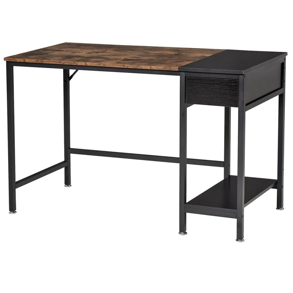 Schreibtisch mit Regal Computertisch Höhenverstellbar Bürotisch Spanplatte Metall Rustikales Braun+Schwarz 120 x 60 x 75