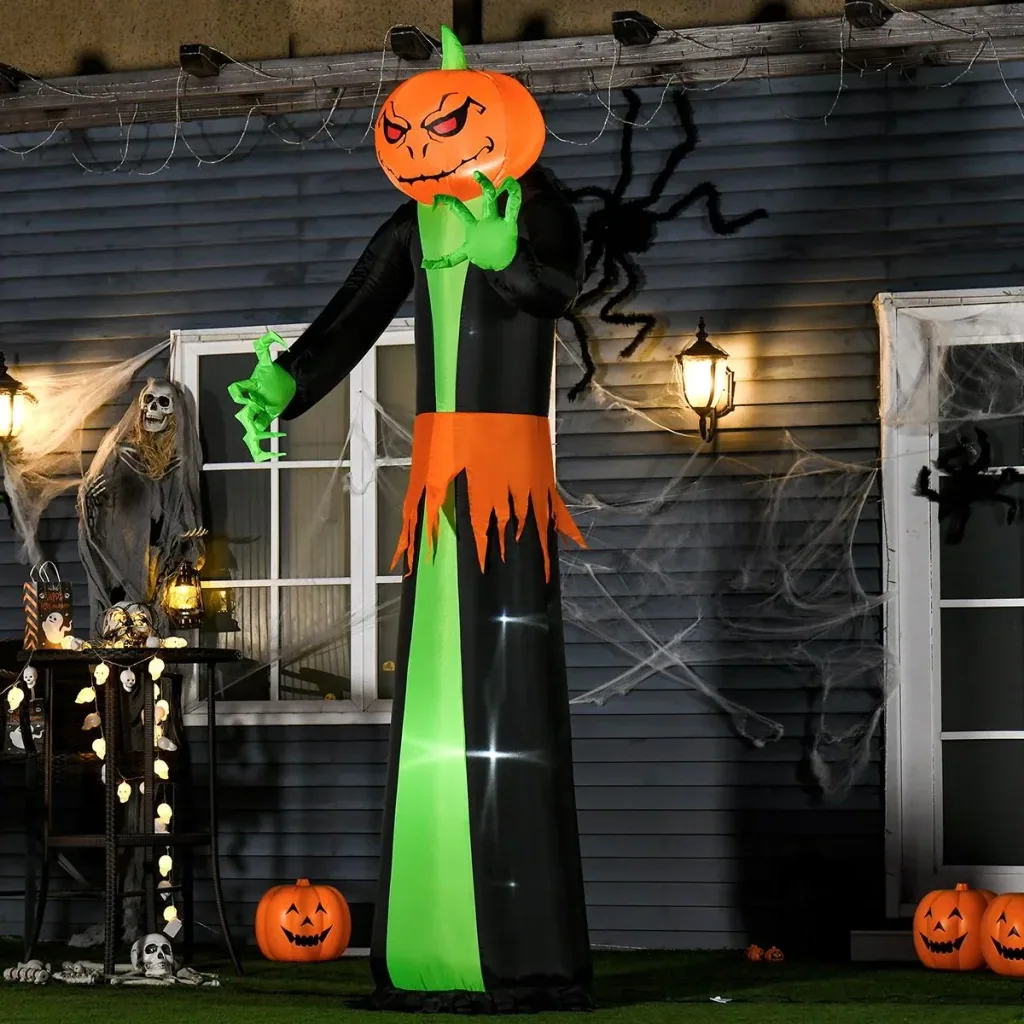 Aufblasbar Kürbis Halloween Dekoration Selbstaufblasend Gespenst mit LED Polyester Grün+schwarz 100 x 96 x 270 cm