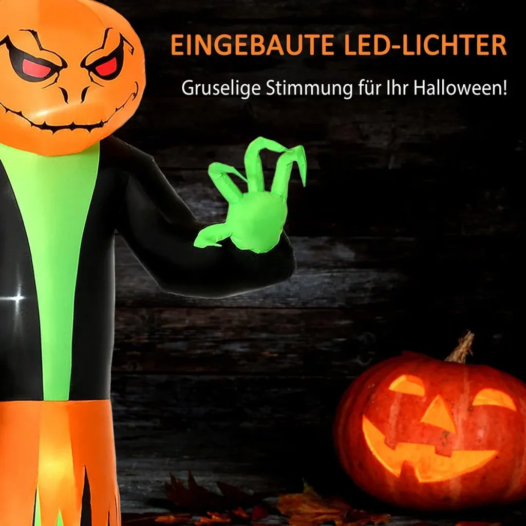 Aufblasbar Kürbis Halloween Dekoration Selbstaufblasend Gespenst mit LED Polyester Grün+schwarz 100 x 96 x 270 cm