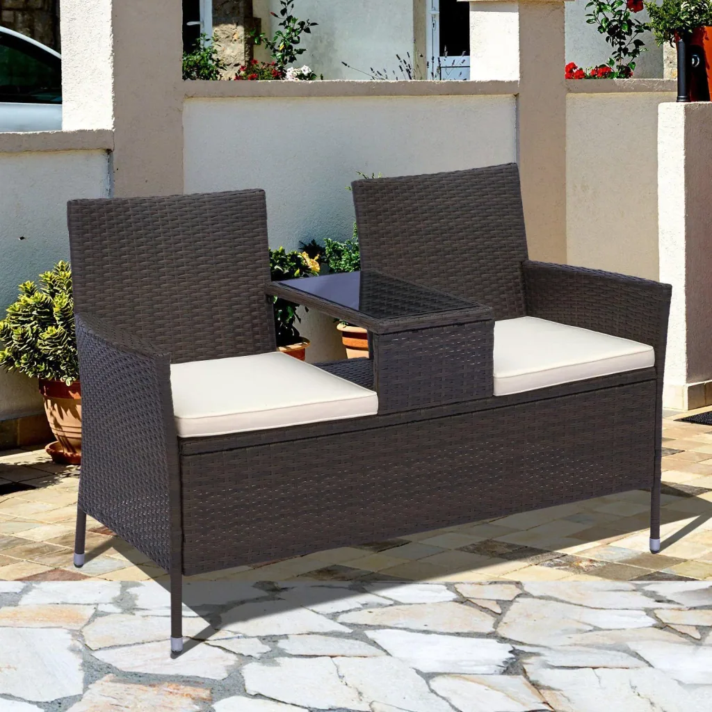 Polyrattan Gartenbank Gartensofa mit Tisch 2-Sitzer Stahl