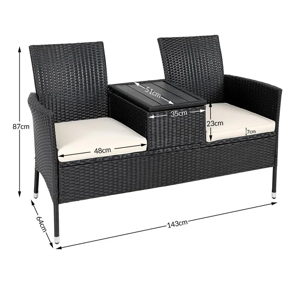 Gartenbank Polyrattan Love Bench mit Box, 143x64x87cm, 3 Stück, schwarz