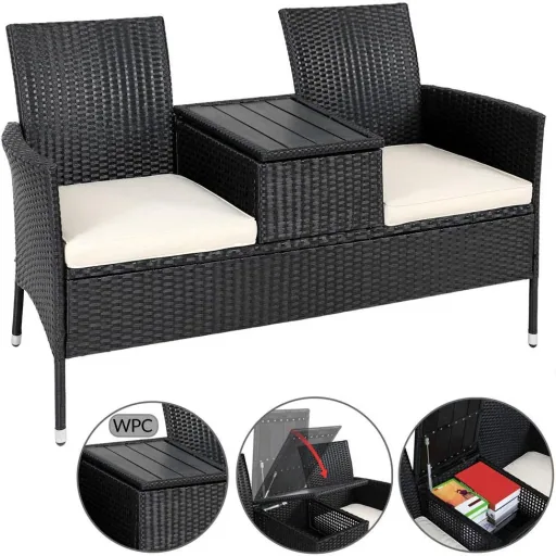 Gartenbank Polyrattan Love Bench mit Box, 143x64x87cm, 3 Stück, schwarz