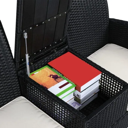 Gartenbank Polyrattan Love Bench mit Box, 143x64x87cm, 3 Stück, schwarz