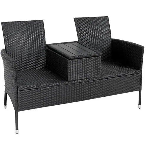 Gartenbank Polyrattan Love Bench mit Box, 143x64x87cm, 3 Stück, schwarz