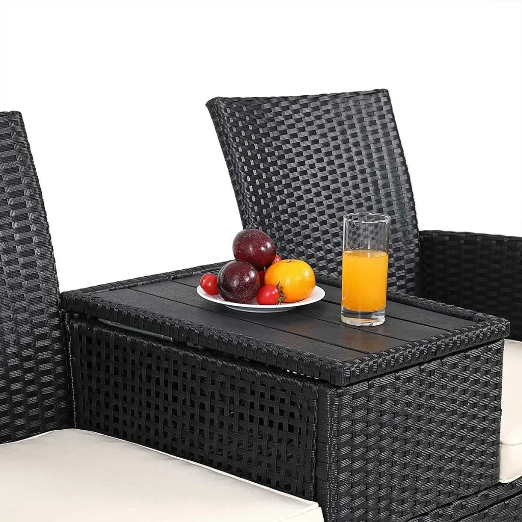 Gartenbank Polyrattan Love Bench mit Box, 143x64x87cm, 3 Stück, schwarz
