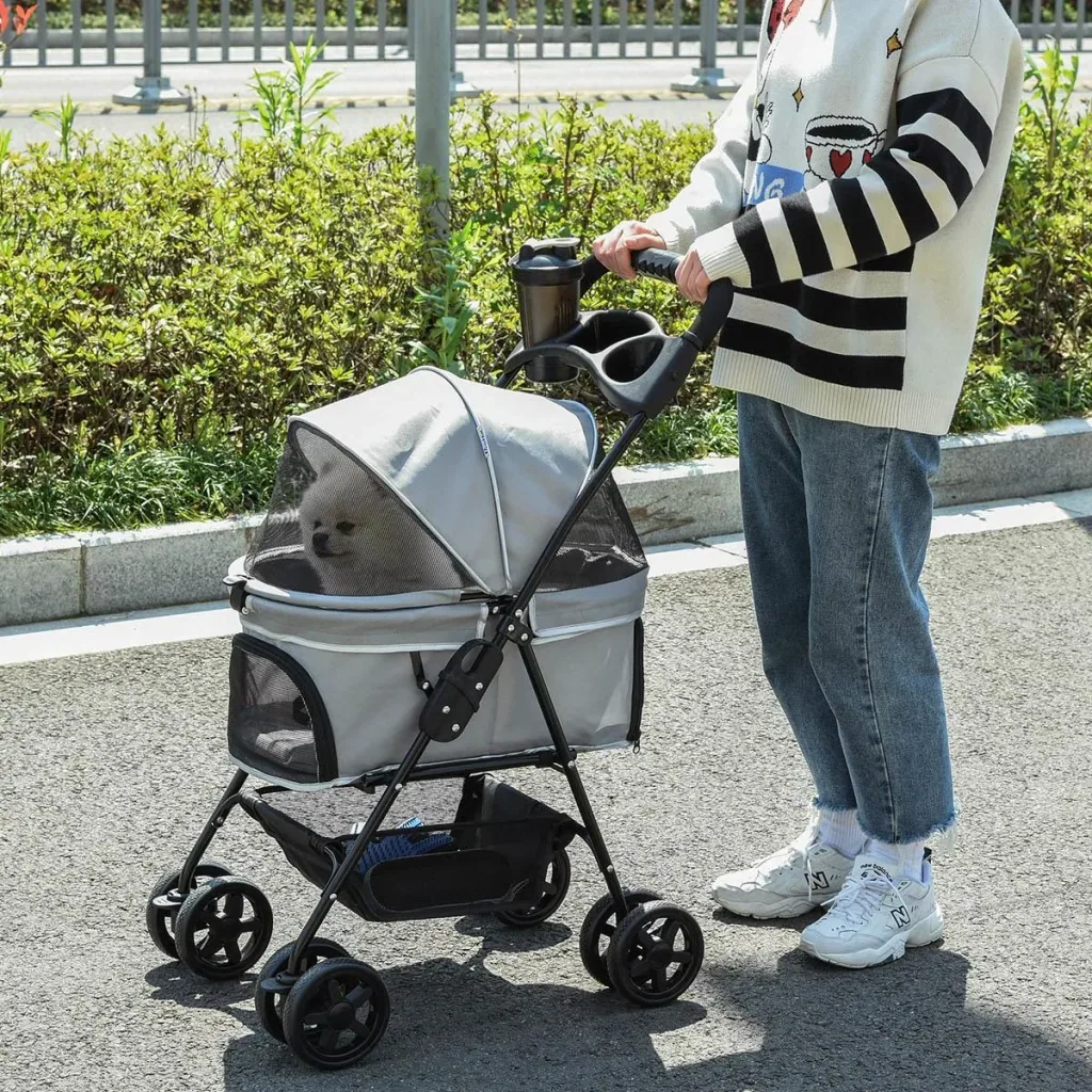Hundebuggy mit Klappfunktion Hundewagen Buggy für Hunde und Katzen Haustierwagen Katzenbuggy Oxford Grau 67 x 45 x 96 cm
