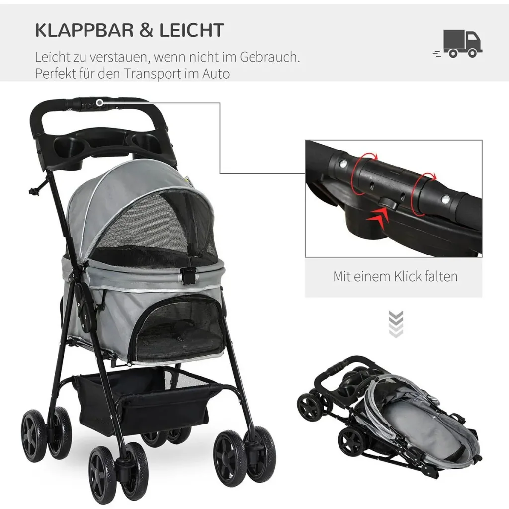 Hundebuggy mit Klappfunktion Hundewagen Buggy für Hunde und Katzen Haustierwagen Katzenbuggy Oxford Grau 67 x 45 x 96 cm