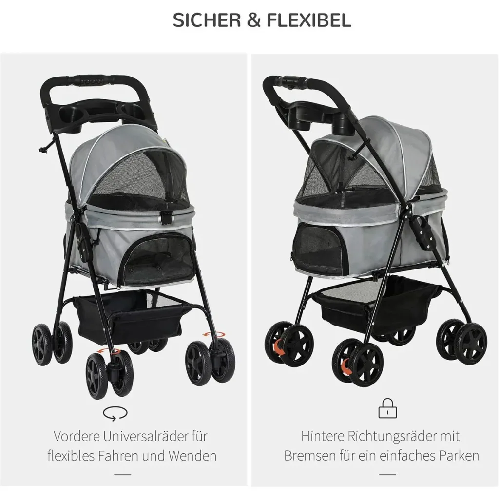 Hundebuggy mit Klappfunktion Hundewagen Buggy für Hunde und Katzen Haustierwagen Katzenbuggy Oxford Grau 67 x 45 x 96 cm