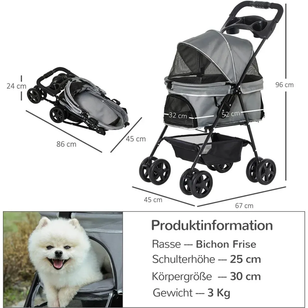 Hundebuggy mit Klappfunktion Hundewagen Buggy für Hunde und Katzen Haustierwagen Katzenbuggy Oxford Grau 67 x 45 x 96 cm