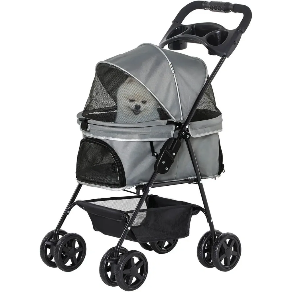 Hundebuggy mit Klappfunktion Hundewagen Buggy für Hunde und Katzen Haustierwagen Katzenbuggy Oxford Grau 67 x 45 x 96 cm