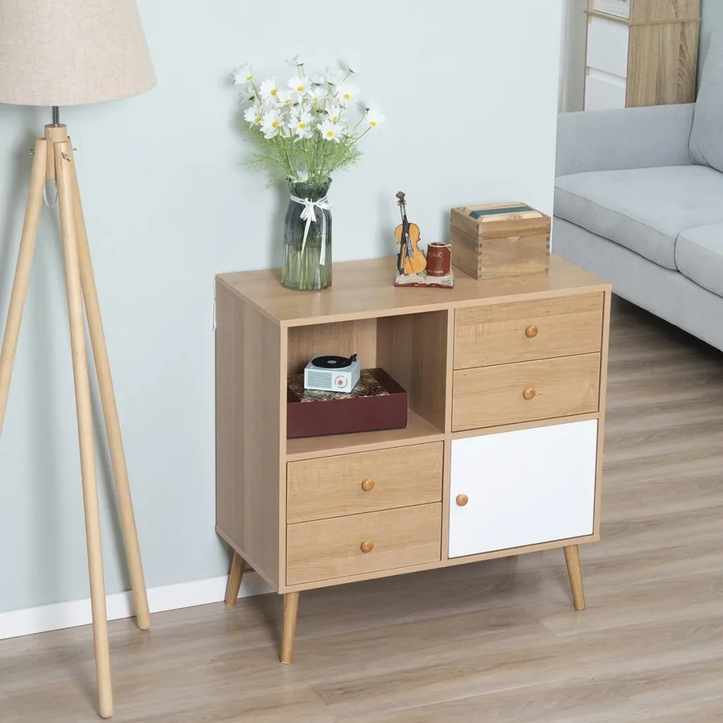 Sideboard Küchenschrank Kommode mit 1 offenen Fächern 4 Schubladen Skandi-Design Natur+Weiß 80 x 39 x 80 cm