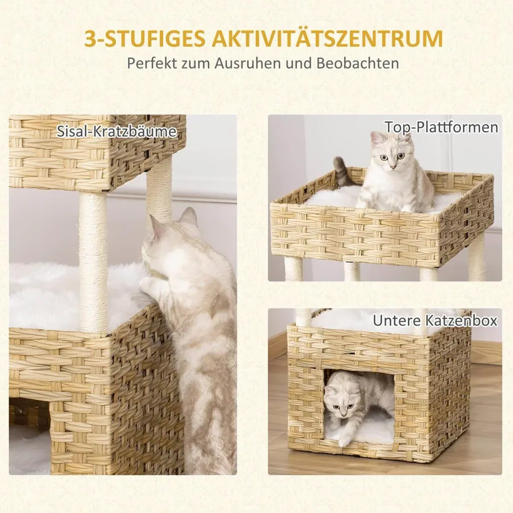 Rattan Katzenkorb 3-stöckiges Katzenbett Katzenhöhle Katzenturm mit 3 Kissen Liegedach Sisal Natur 40 x 40 x 70 cm