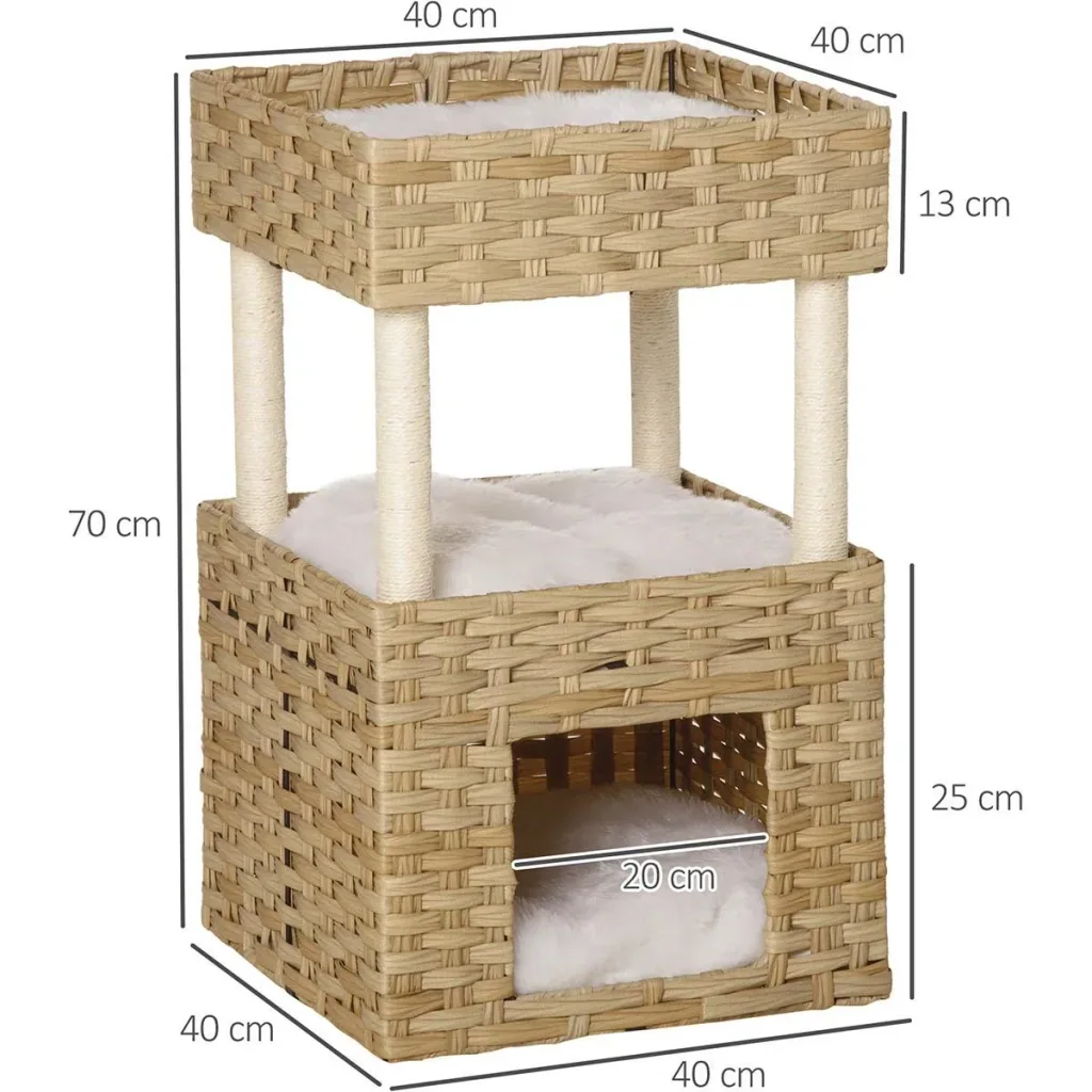 Rattan Katzenkorb 3-stöckiges Katzenbett Katzenhöhle Katzenturm mit 3 Kissen Liegedach Sisal Natur 40 x 40 x 70 cm