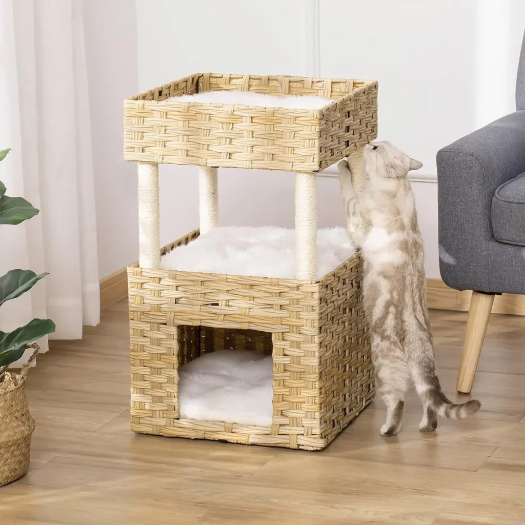 Rattan Katzenkorb 3-stöckiges Katzenbett Katzenhöhle Katzenturm mit 3 Kissen Liegedach Sisal Natur 40 x 40 x 70 cm