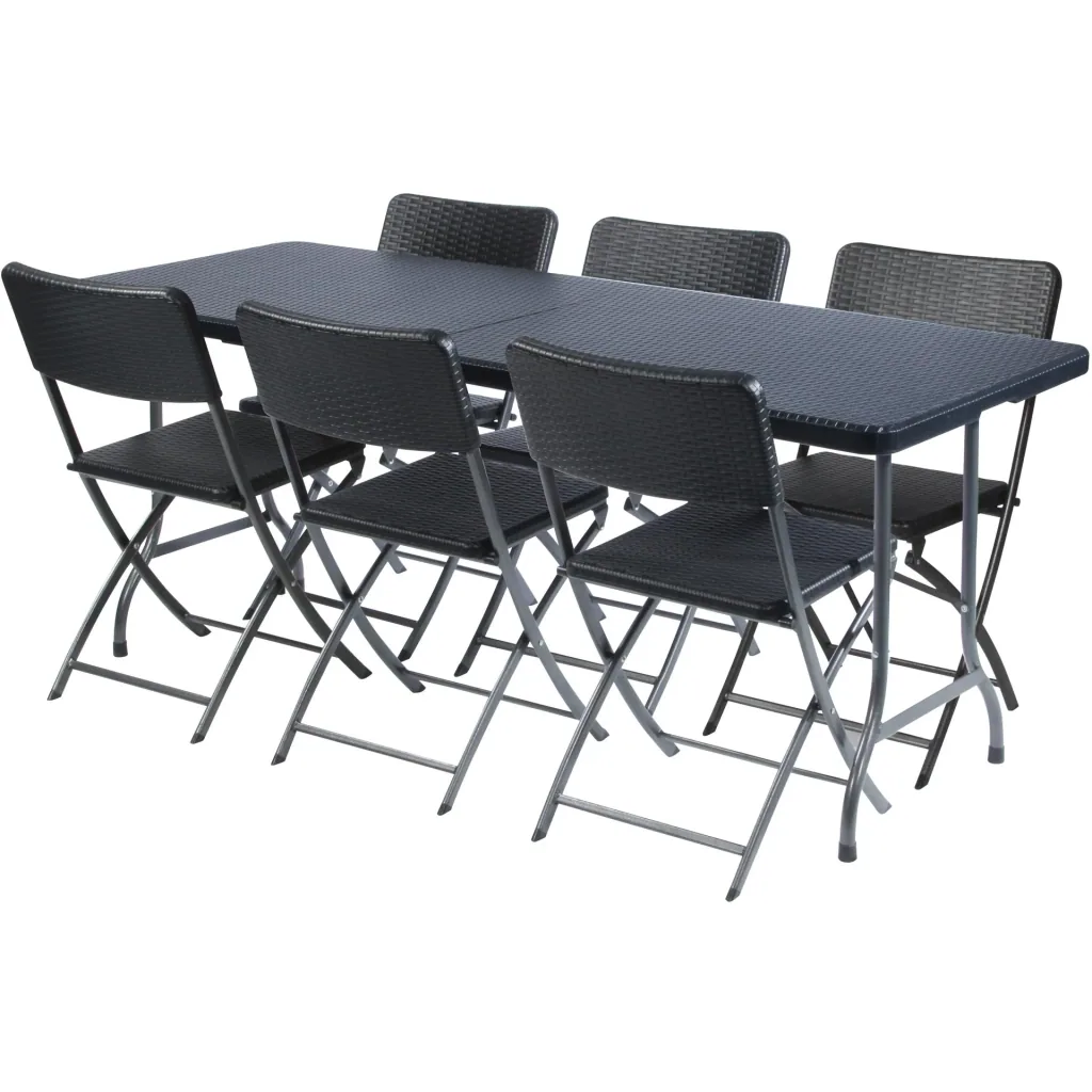 Klapptisch, Buffetttisch, Campingtisch, Picknicktisch, schwarzer Rattan-Look, klappbar tragbar mit Griff, HDPE-Platte und Stahlgestell 180 x 75 x 72 cm, für Innen- und Außenbereich