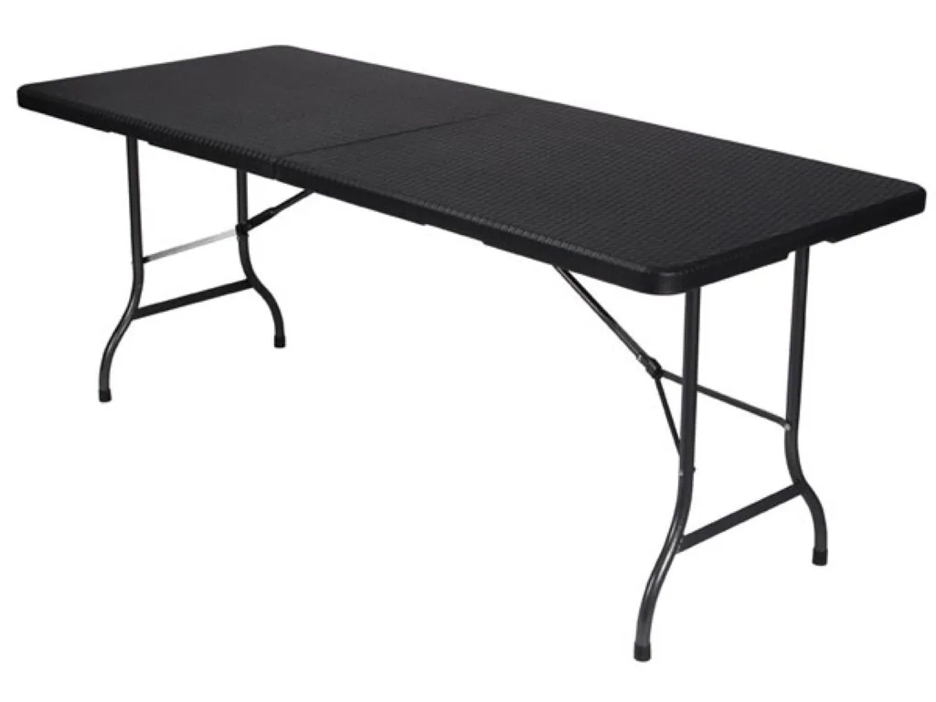 Klapptisch, Buffetttisch, Campingtisch, Picknicktisch, schwarzer Rattan-Look, klappbar tragbar mit Griff, HDPE-Platte und Stahlgestell 180 x 75 x 72 cm, für Innen- und Außenbereich