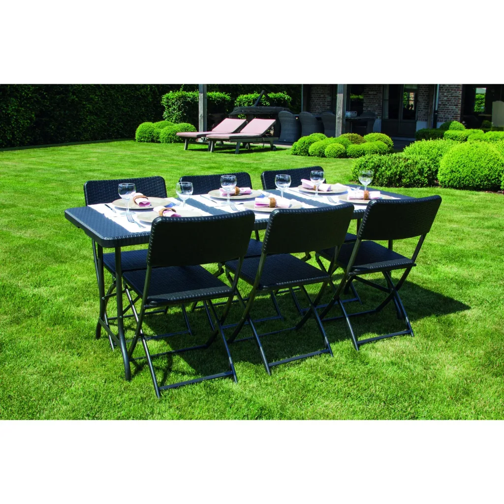 Klapptisch, Buffetttisch, Campingtisch, Picknicktisch, schwarzer Rattan-Look, klappbar tragbar mit Griff, HDPE-Platte und Stahlgestell 180 x 75 x 72 cm, für Innen- und Außenbereich