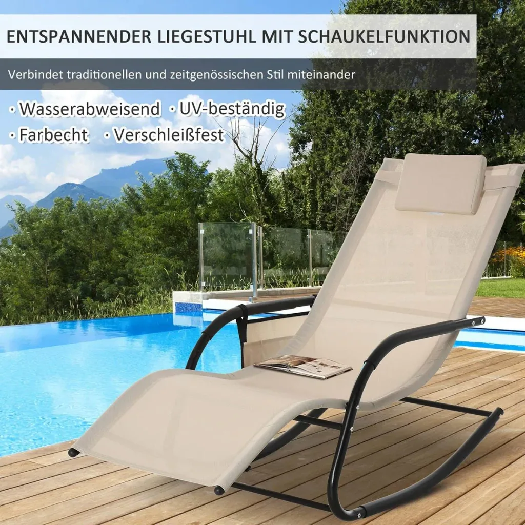 Schaukelstuhl Schwingsessel Gartenstuh Schaukelliege Metall Mesh Schwarz+Beige 150 x 62 x 88 cm