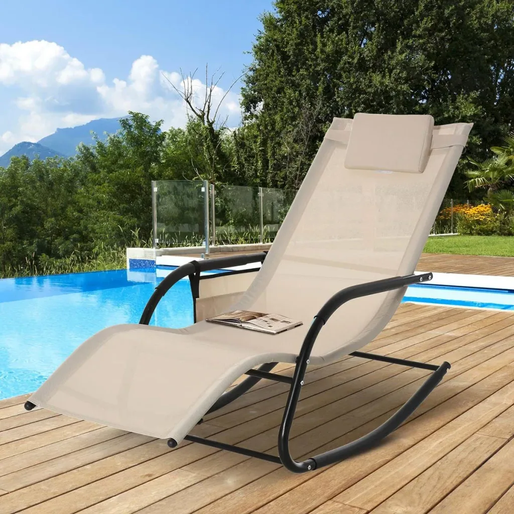 Schaukelstuhl Schwingsessel Gartenstuh Schaukelliege Metall Mesh Schwarz+Beige 150 x 62 x 88 cm