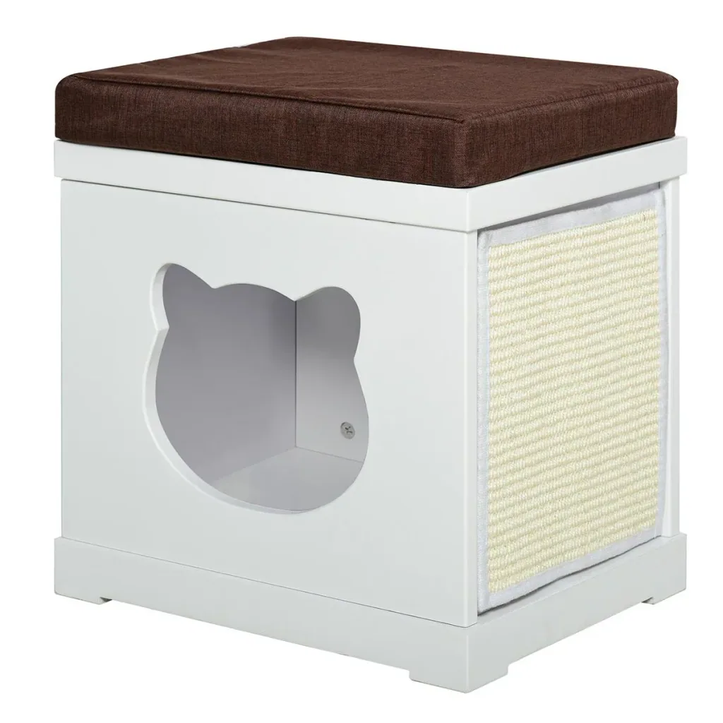 Katzenhaus Sitzhocker Hocker 2 In 1 Katzenhöhle Katzenwohnung MDF Weiß 41 x 30 x 36 cm