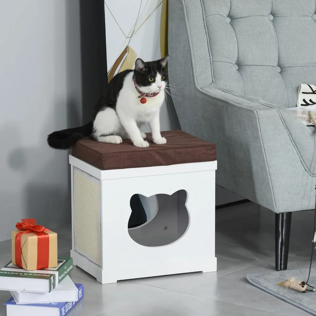 Katzenhaus Sitzhocker Hocker 2 In 1 Katzenhöhle Katzenwohnung MDF Weiß 41 x 30 x 36 cm