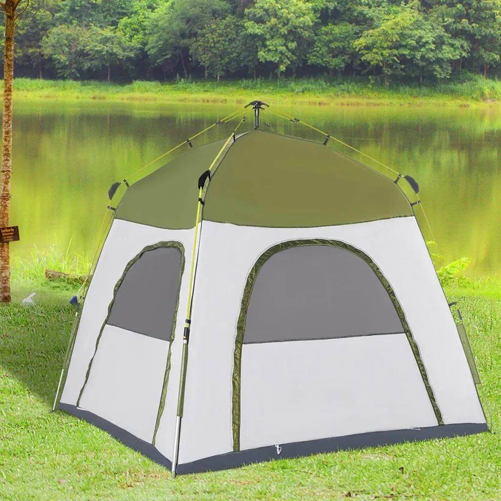Campingzelt 4 Personen - mit Netz - 190T PU 1000mm - Grün/Grau - 240 x 240 x 195 cm