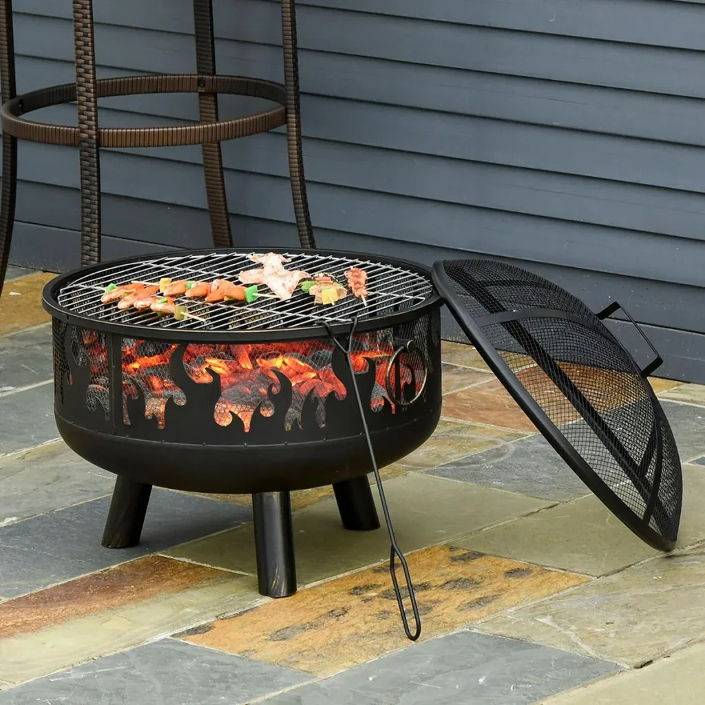 2-in-1 Feuerschale Feuerkorb Feuerstelle mit Funkenschutz Grillrost Garten BBQ Schwarz Ø61,5 x 52H cm