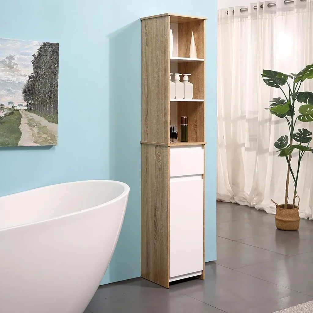 Badschrank Badezimmerschrank mit Verstellbares Regal Standschrank mit 3-stufigen offenen Regal Schrank Schublade Umschl