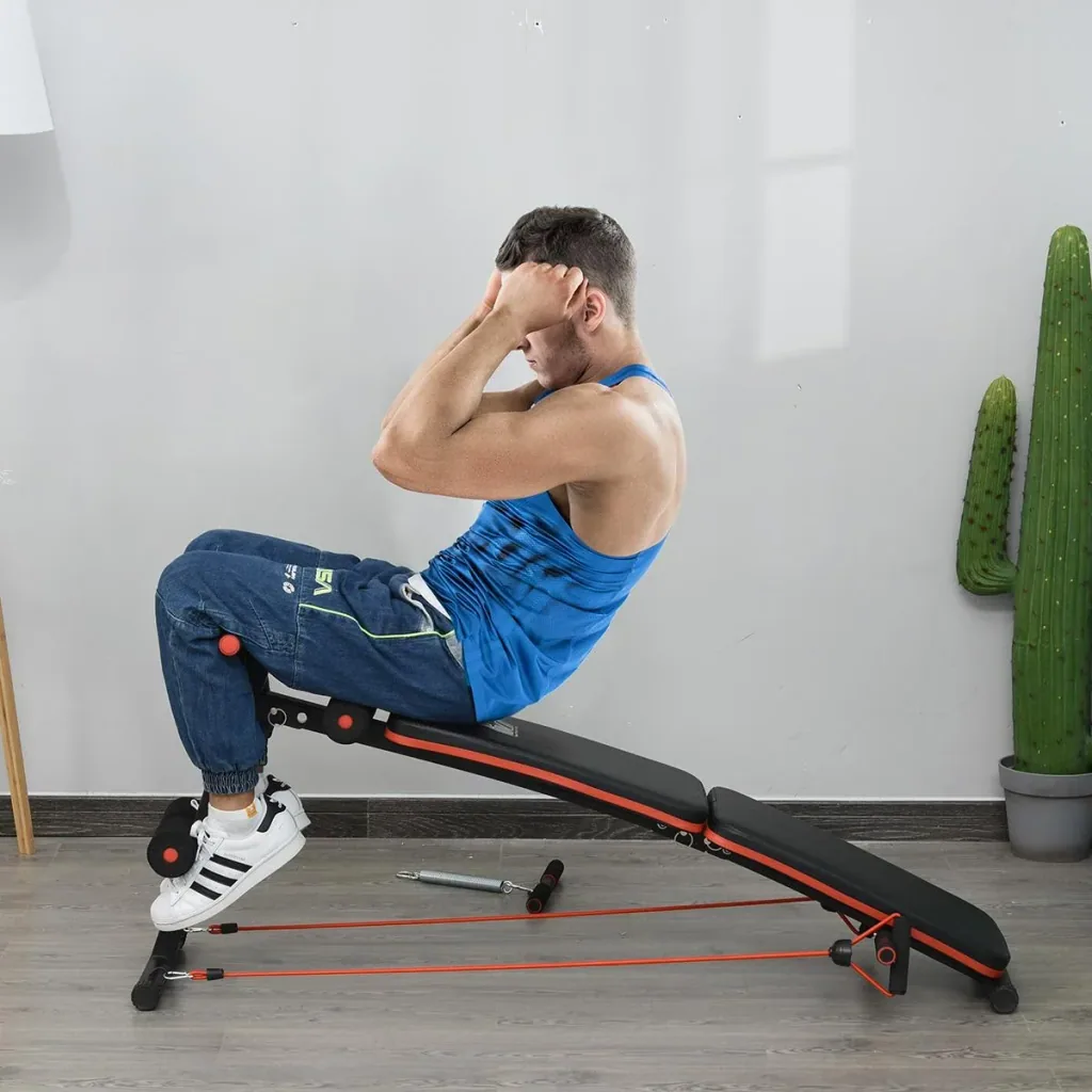 Sit Up Bank Bauchtrainer mit Trainingsseile Trainingsbank Multifunktion Verstellbar&klappbar 110 kg Belastbarkeit Stahl