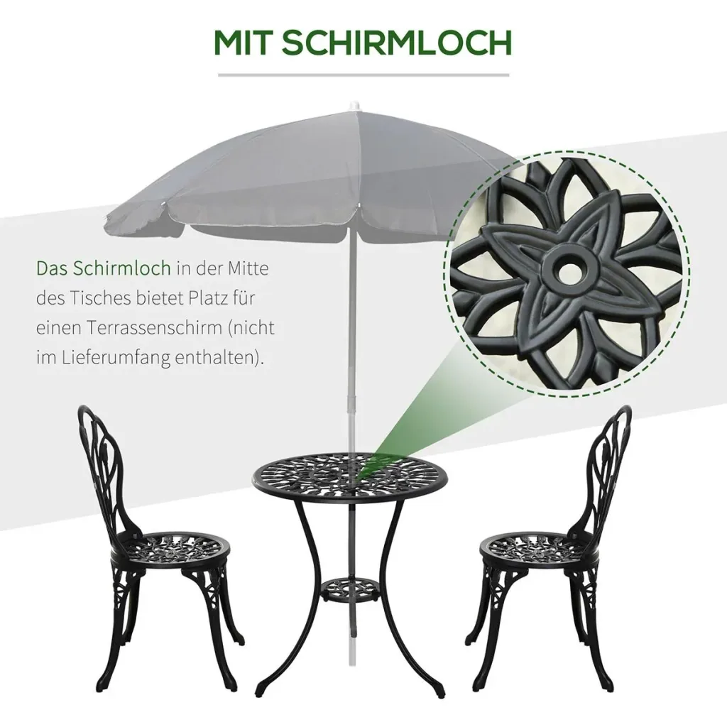 Balkonset 3-teilig mit Schirmloch im Tisch schwarz