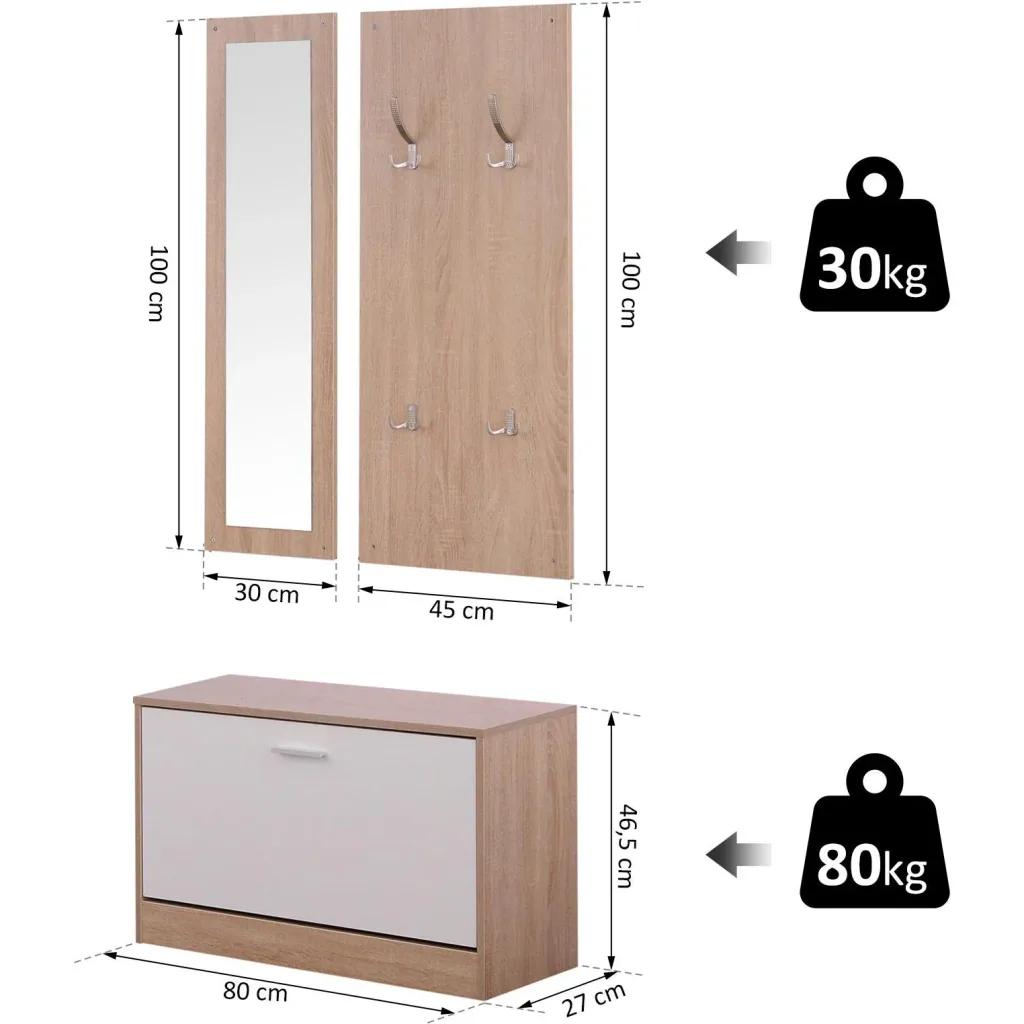 3-teiliges Garderoben-Set Flurgaderobe mit Schuhschrank Garderobe Wandspiegel 4 Haken Natur 30 x 100 cm