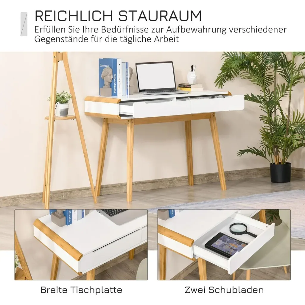 Schreibtisch mit Schubladen Weiß+Natur