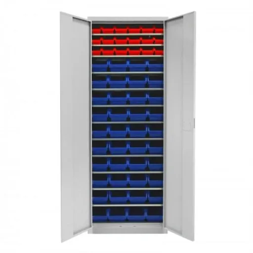 Regalschrank mit Tür, 12 Fachböden, 58 Lagersichtkästen Gr.3 / Gr. 2L