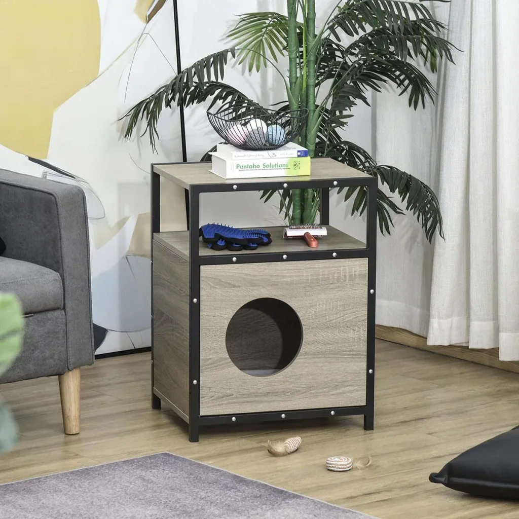 Katzenhaus mit Tür Katze Schrank Katzenhöhle Katzentoilette Beistelltisch waschbare Kissen Grau Spanplatte Metall Plüsch