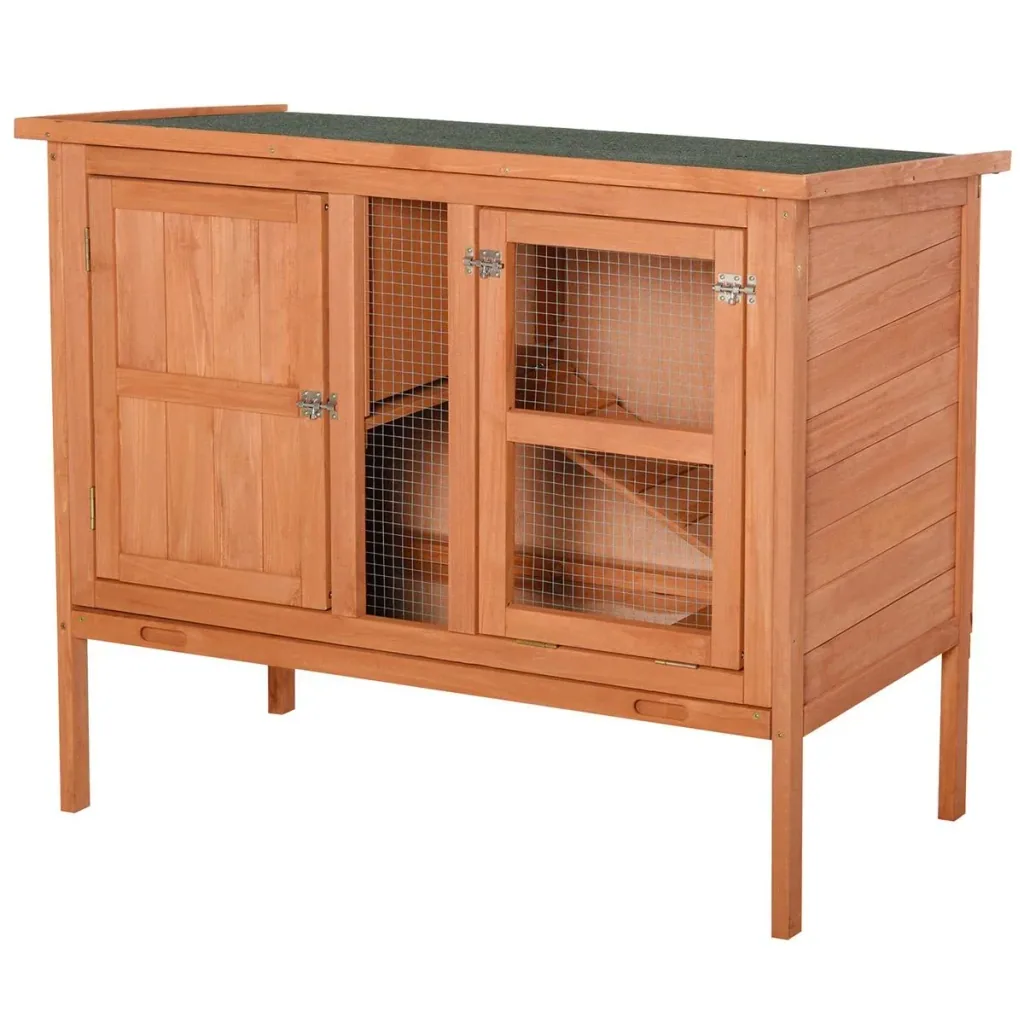 Holz Kaninchenstall Hasenstall Doppelstöckiger Hasenkäfig mit Asphaltdach Rampe Massivholz Natur 102 x 56 x 85 cm