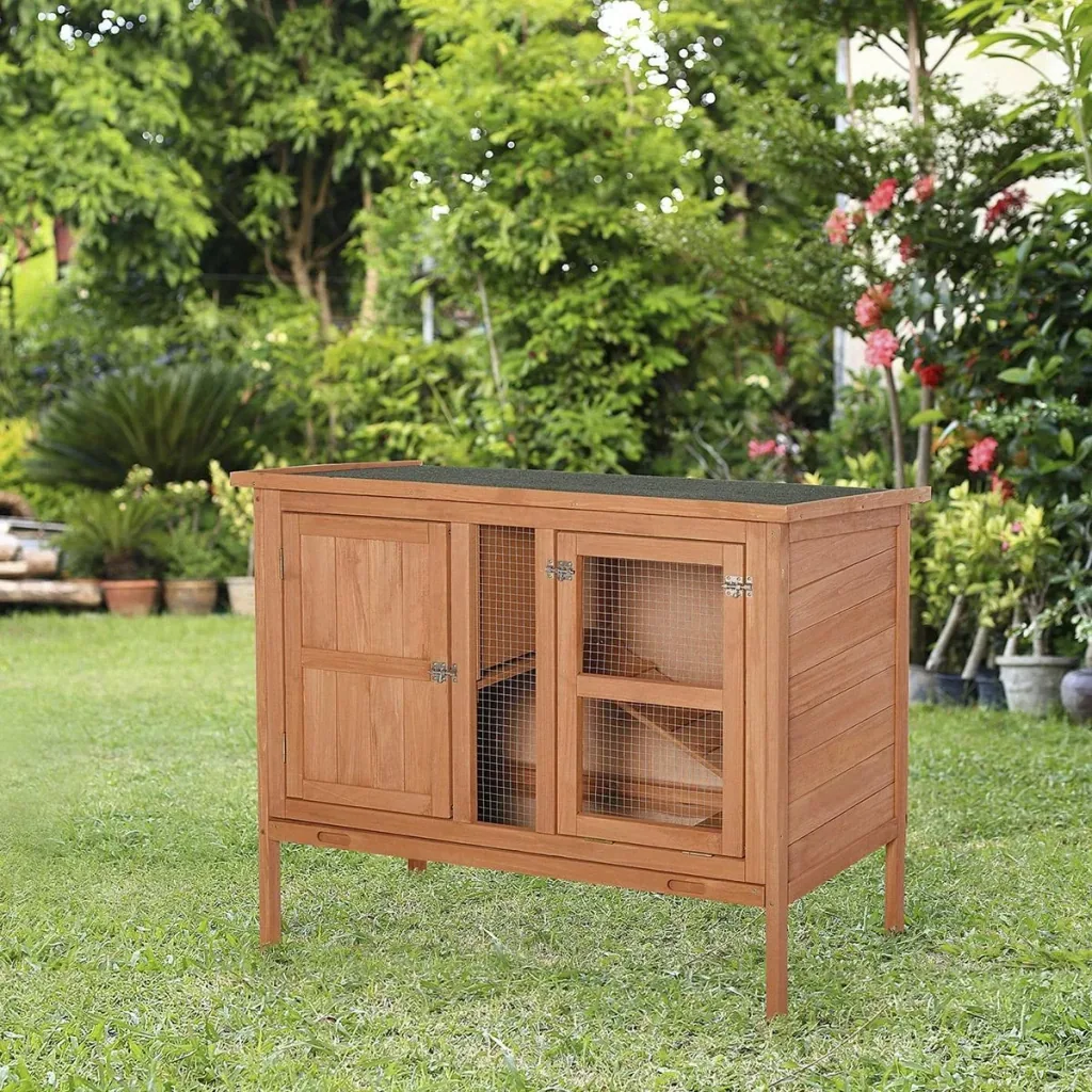 Holz Kaninchenstall Hasenstall Doppelstöckiger Hasenkäfig mit Asphaltdach Rampe Massivholz Natur 102 x 56 x 85 cm