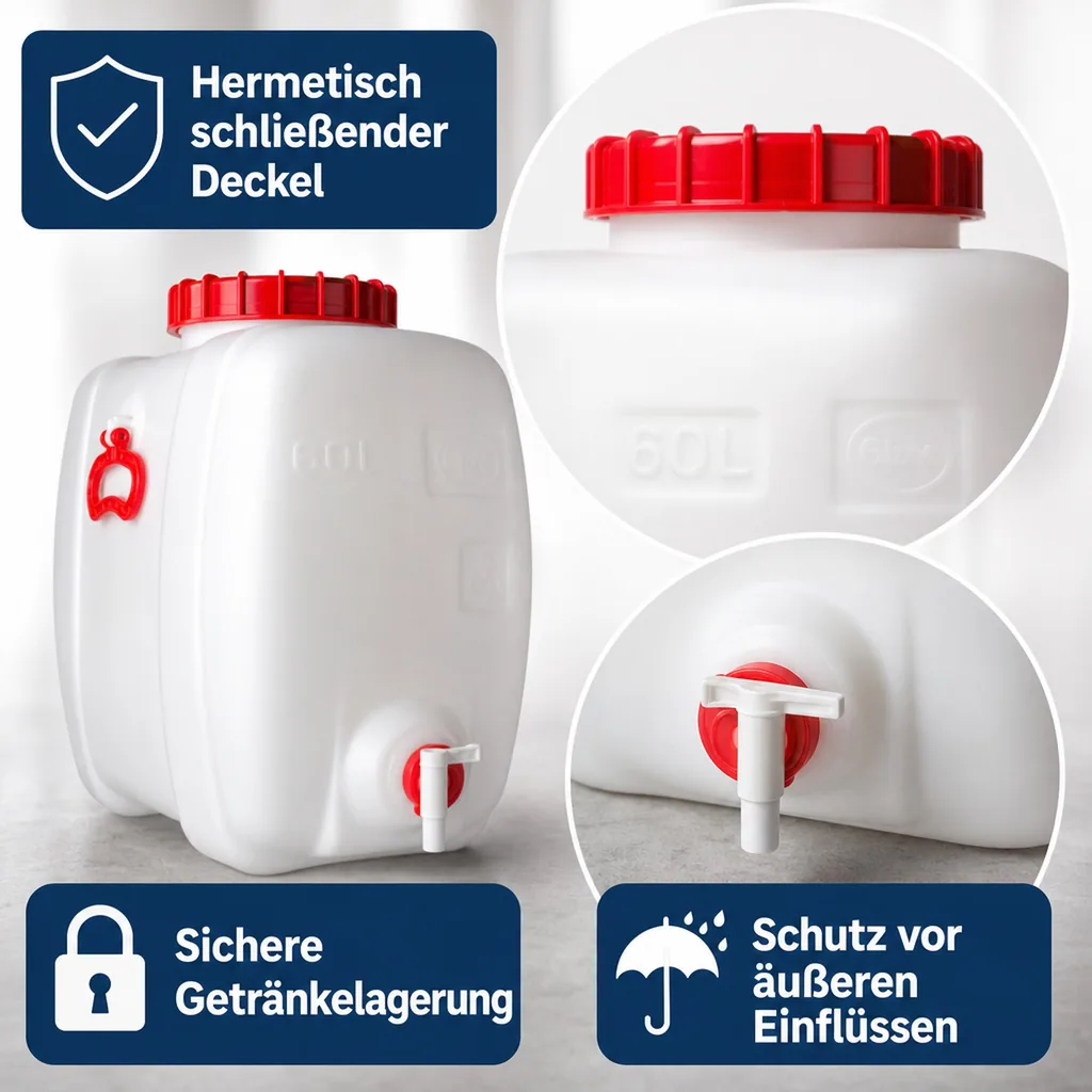 Gärbehälter, Getränkefass, Mostfass - Kunststoff, eckig + Deckel + Zapfh. 60L