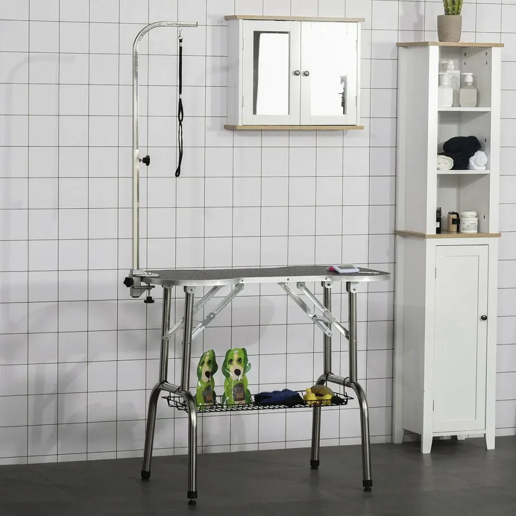 Trimmtisch klappbar Tierpflegetisch mit Unterkorb Schertisch Pflegetisch für Hunde Katzen Edelstahl Gummi Schwarz 94,5 x