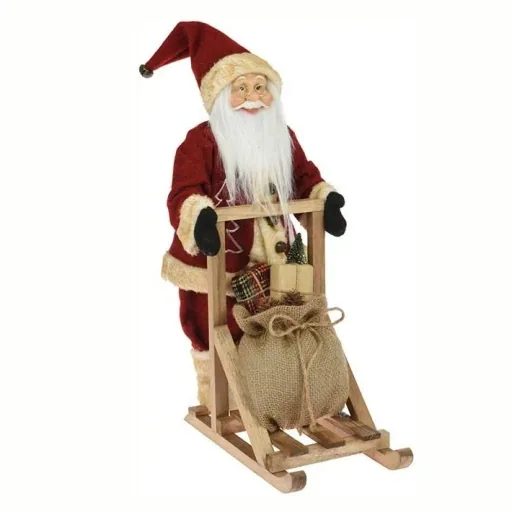 Weihnachtsmann stehend auf Holzschlitten - mit Jutesack - 45cm - Rot