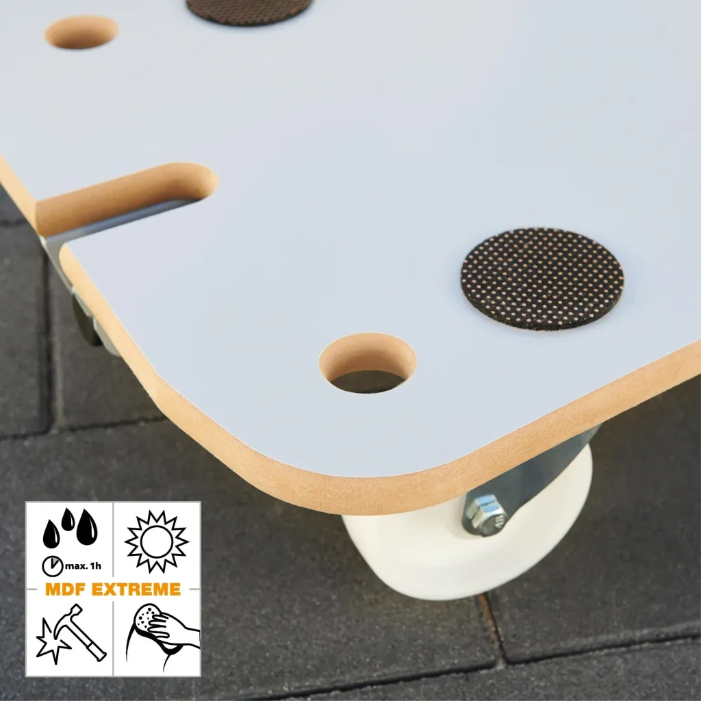 Transporthilfe MM 1389, 79 x 39 x 13,5 cm, harte Rollen Ø 100 mm, Rollenlager, MDF, Deichsel, Tragkraft 200 kg