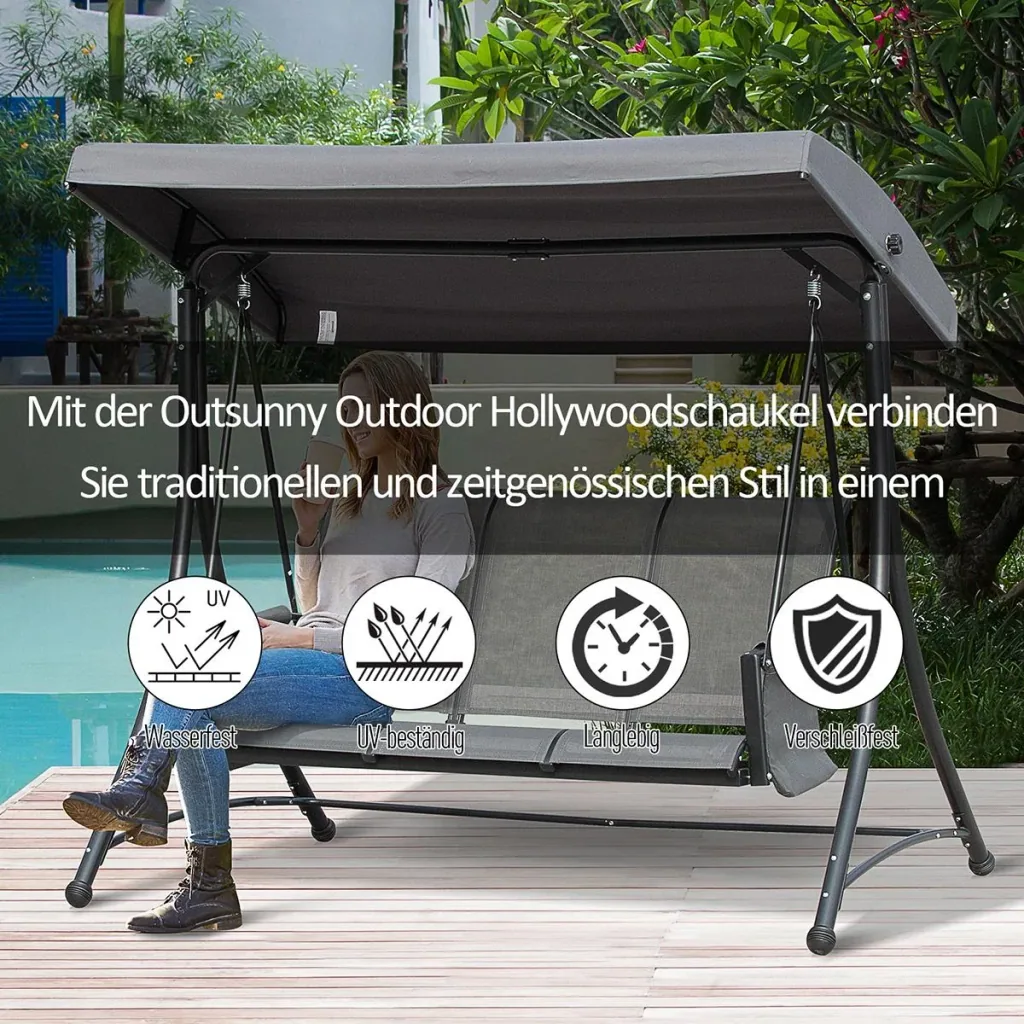 3-Sitzer Hollywoodschaukel, Gartenschaukel mit Sonnendach, Schaukelbank mit Ablage, Aluminium, Grau, 196 x 128 x 172 cm